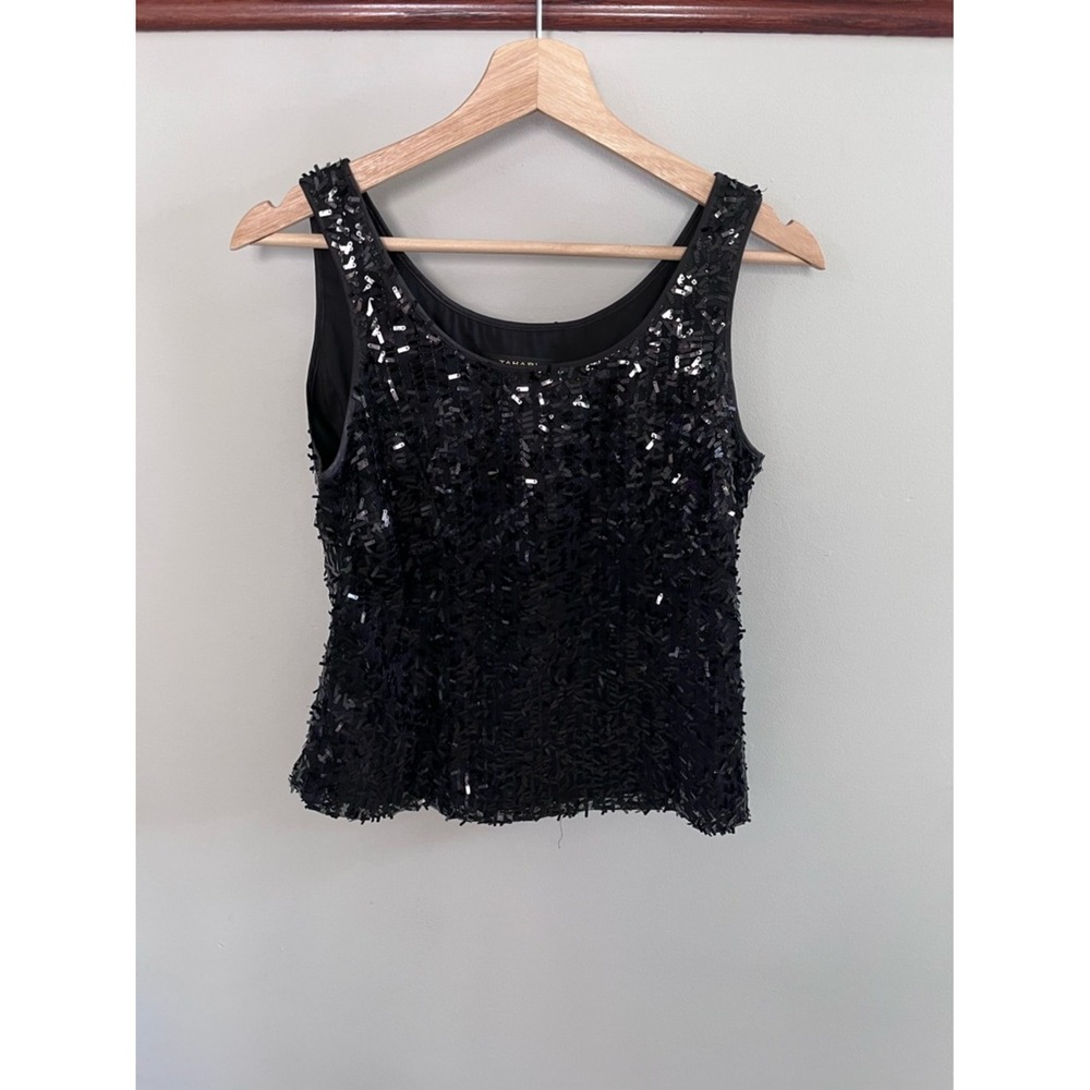 Tahari Arthur S Levine Luxe Black Sequined Tank Top Sleeveless Shell Size 4